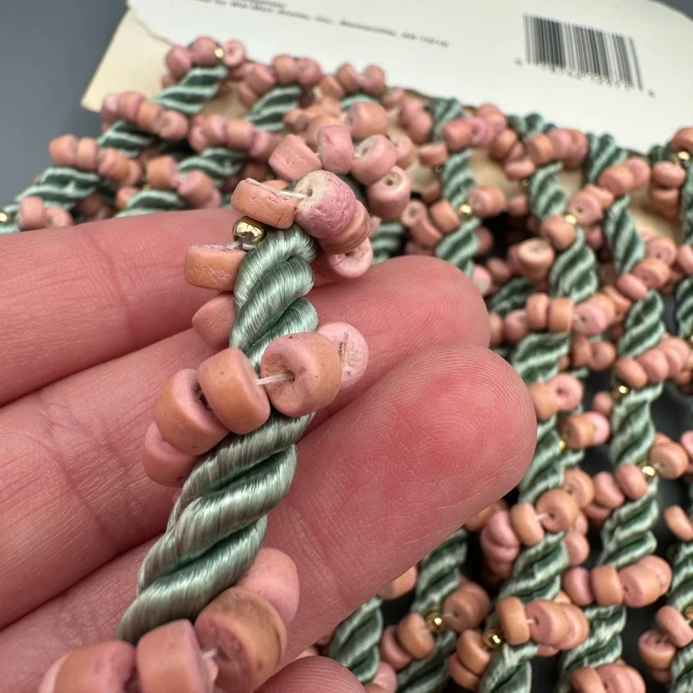 2 Packs VTG 90s Walmart Christmas Trim Garland Green Cord With Pink & Gold Beads